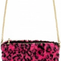 Begroting 🌟 Merkloos Pluche Handtas Roze Panterprint Met Gouden Ketting - Handtassen - Carnaval/themafeest Verkleed Accessoire 🌟