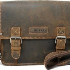 Uitgang ⭐ Hillburry Tas - Unisex Schoudertas / Aktetas / Laptoptas In Buffel Leer / Vintage Leer Bruin ⭐