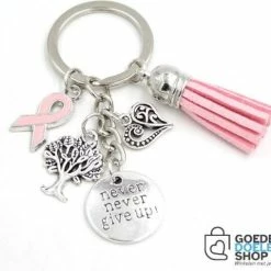 Hete verkoop 🔔 GoedeDoelen.Shop |Sleutelhanger "Never Give Up" | Tashanger | Cancer | Hope |Ribbon | Tree Of Life | Hartje 😉