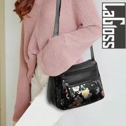 Aanbiedingen 🔔 Merkloos LaGloss Damestas Bloemen Print 3 - Luxe Handtas - Zwarte Schoudertas - 27 X 19 Cm - Zwart 😉