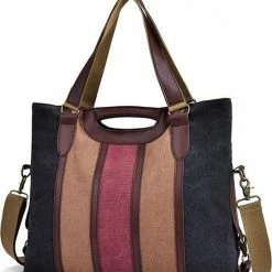 Goedkoop 🔔 ZILOU® Schoudertas - Handtas - Dames - Canvas - Zwart Multicolor 🔔