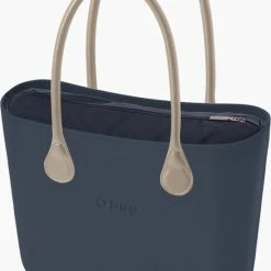 Begroting ✔️ O Bag Classic Bestseller Schoudertas In Donkerblauw, Compleet Met Lange Hengsels In Grijs/beige En Canvas Binnentas In Donkerblauw ⌛